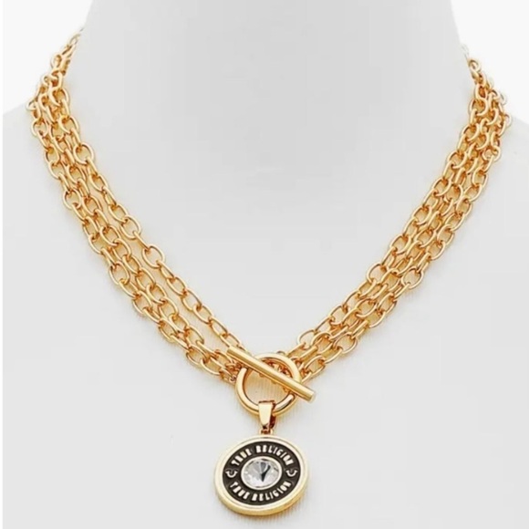 NWT True Religion Double Chain Gold Necklace With Logo Pendant - Picture 3 of 6